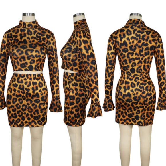 Leopard Flare Wide Long Bell Sleeve Skirt Set Animal print - Picture 2 of 3